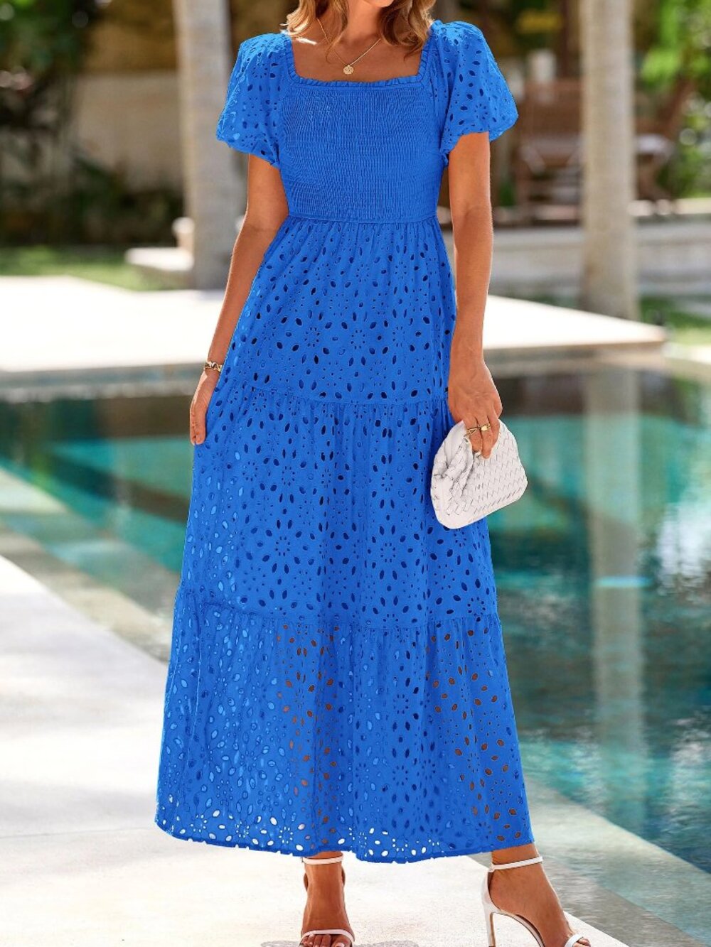 PRETTYGARDEN Blue Eyelet Square Neck Puff Sleeve Smocked Maxi Dress XXL NWT